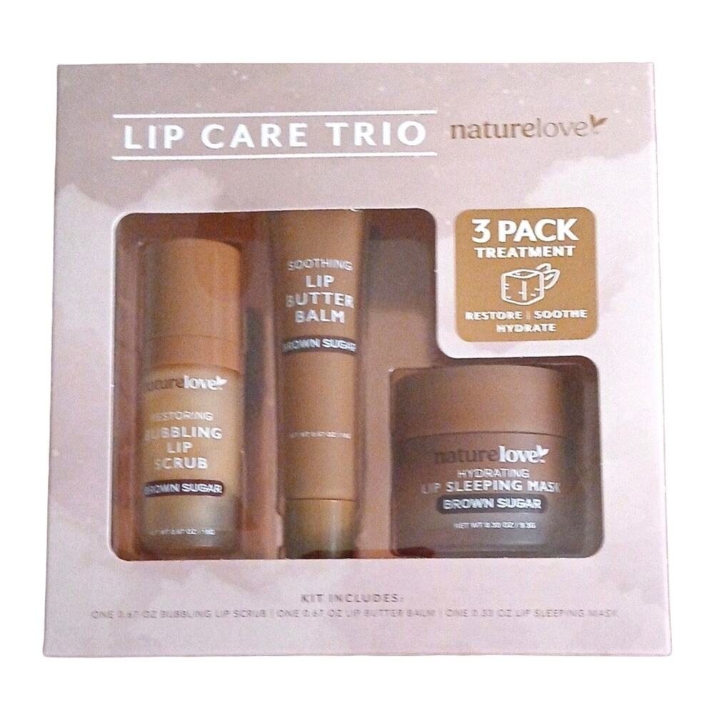 NEW! Nature Love Lip Care Trio Brown Sugar Scrub, Balm & Hydrating Sleeping Mask